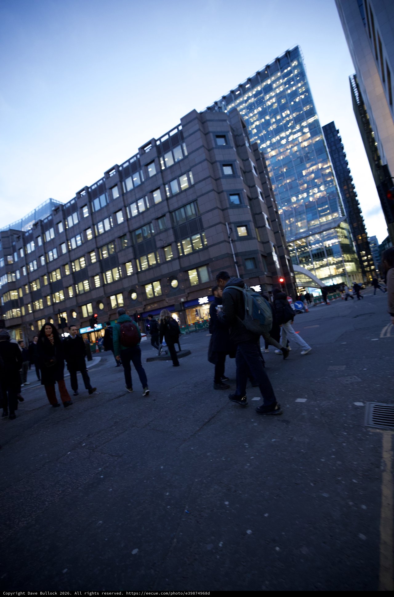 Dusk Commuters in London's Modern Financial District