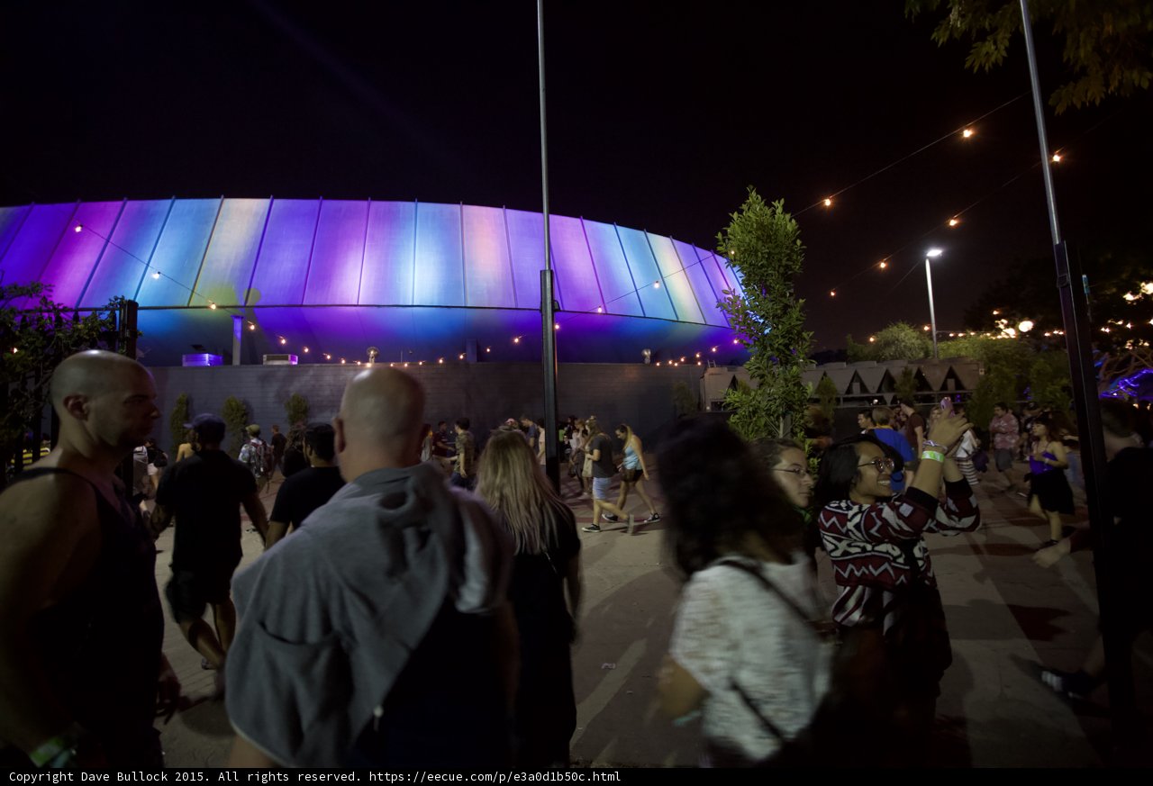 FYF Fest LA Sports Arena Rainbow Lights Night Festival Crowd Walking String Lights Trees