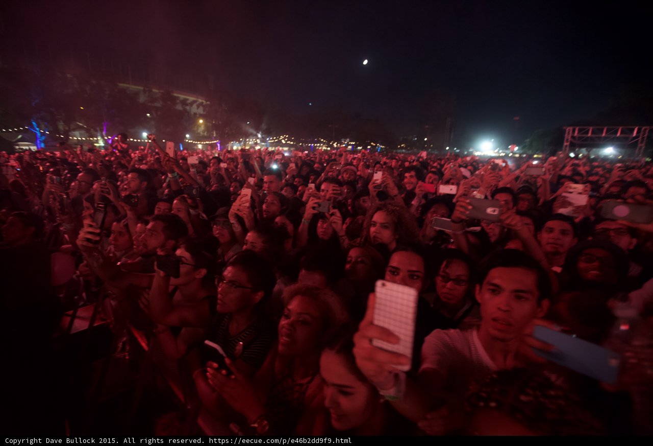 FYF Fest Wide Crowd Moon Night Phones Grid Case Stage Scaffolding String Lights Pink Balloon Diverse