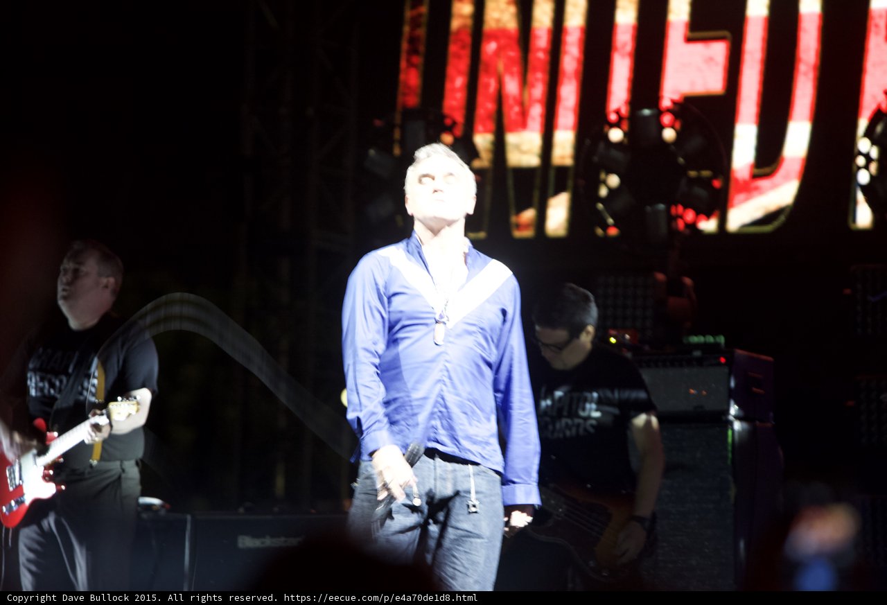 Morrissey Looking Up Eyes Closed Blue Shirt Guitarist Red Guitar Capitol Tee Bassist Glasses UNITED Screen