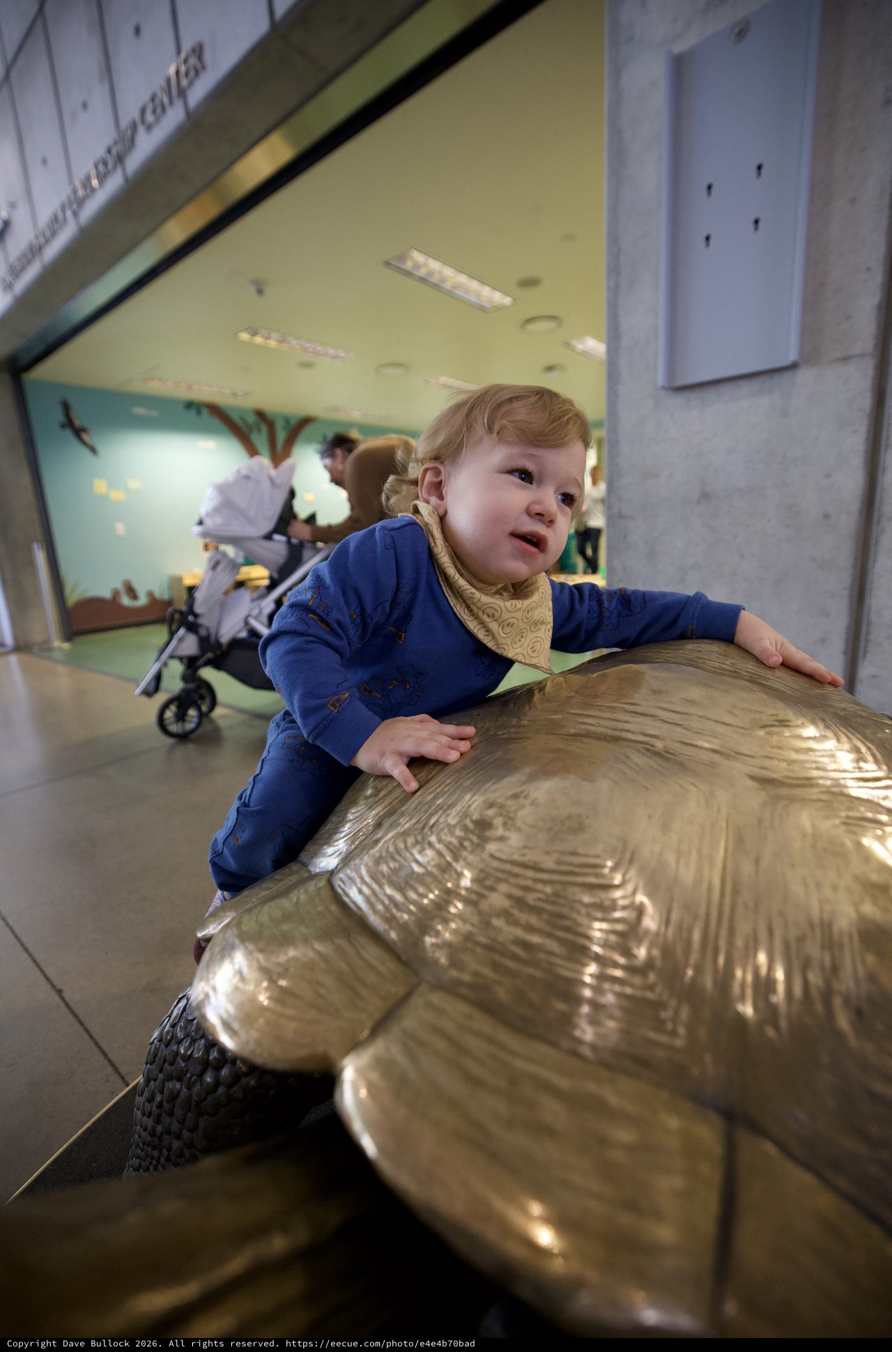 Toddler Exploring Golden Turtle Sculpture at Visitor Center