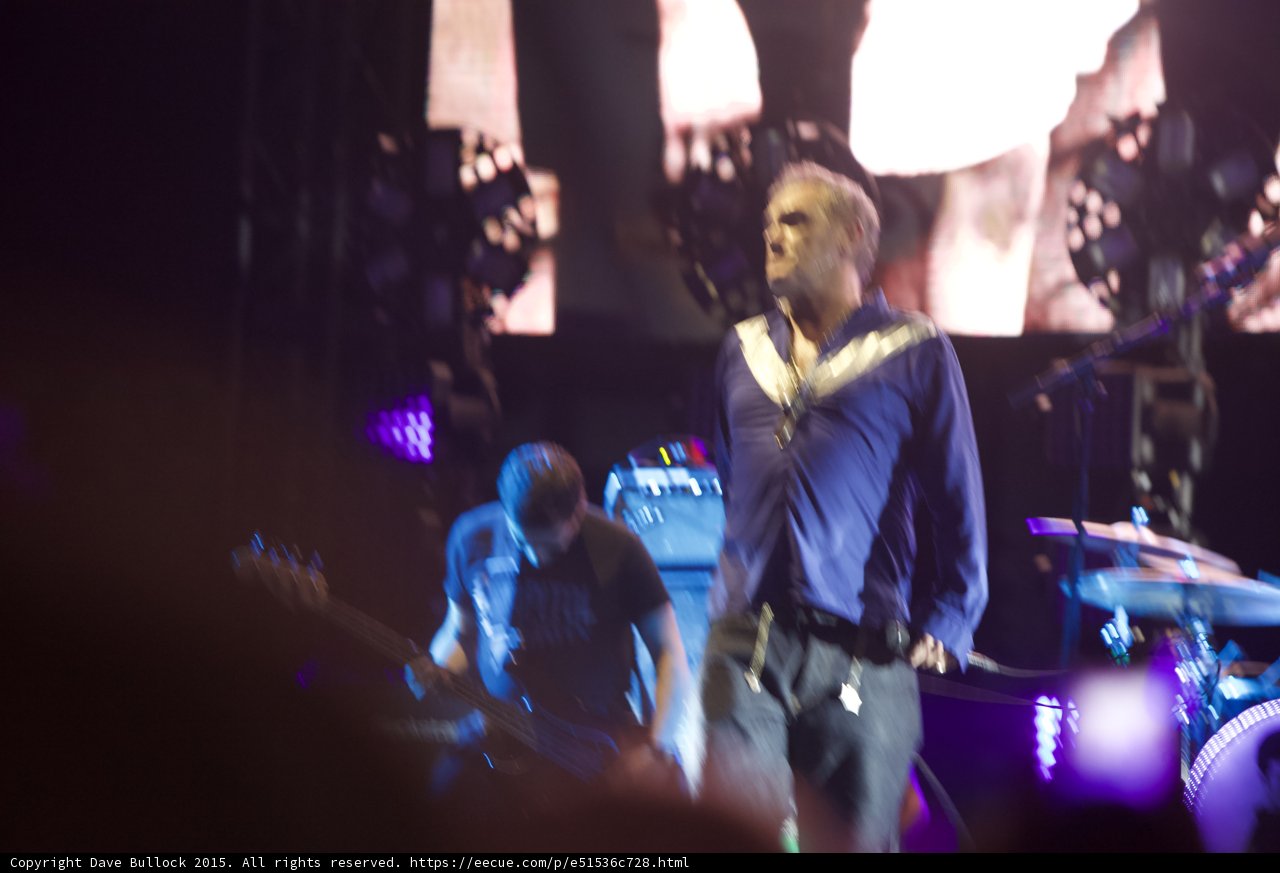 Morrissey Standing Blue Shirt Circular Light Arrays Bassist Keyboardist Smiths Dangling Hands Screen Blue LED