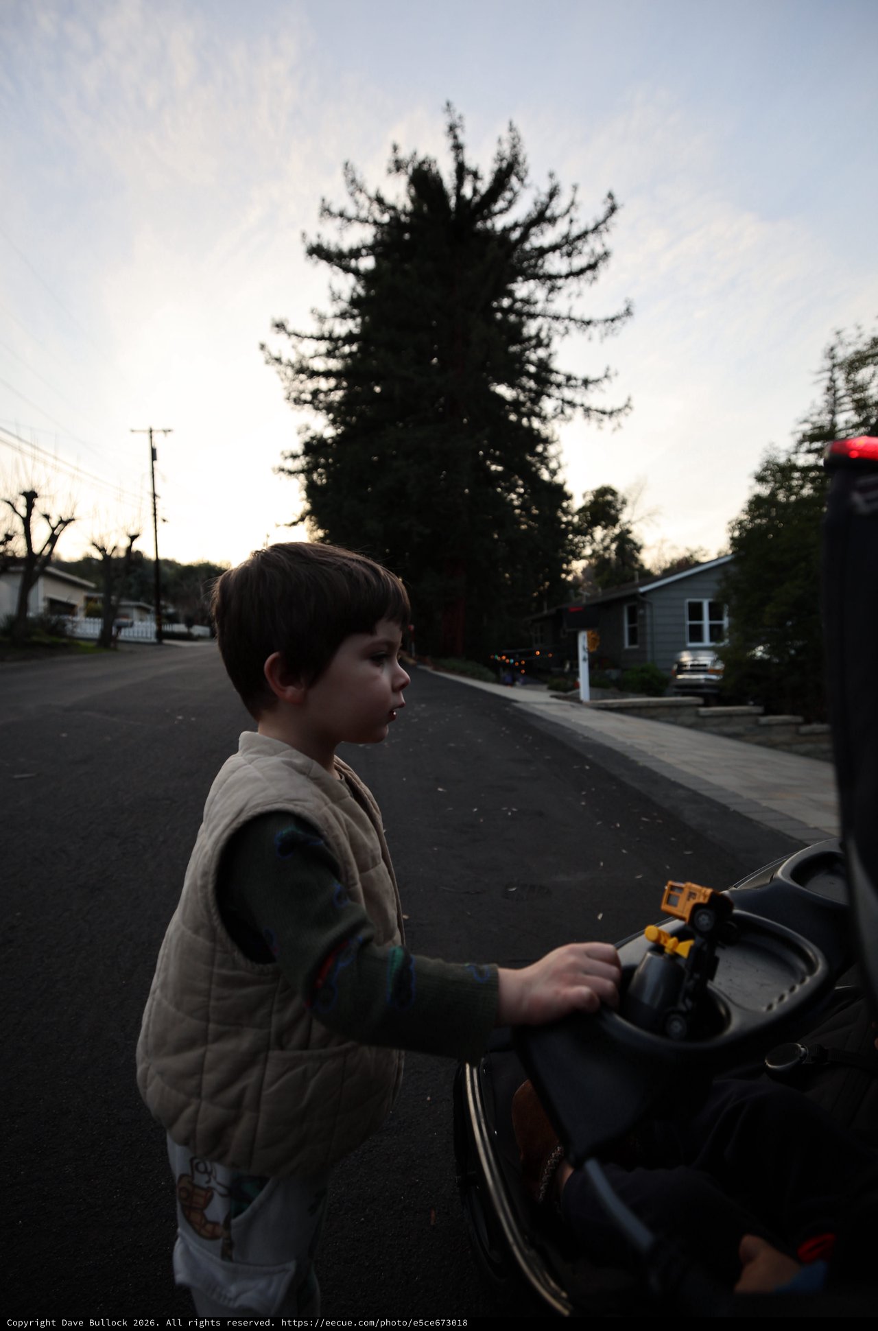 Boy with Toy Car on Suburban Street at Dusk