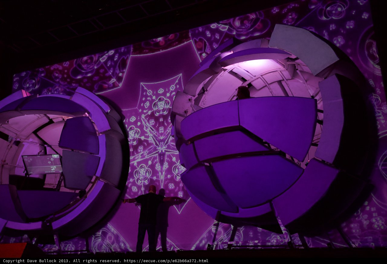 Purple Spheres Illuminating the Stage with a Man in Focus