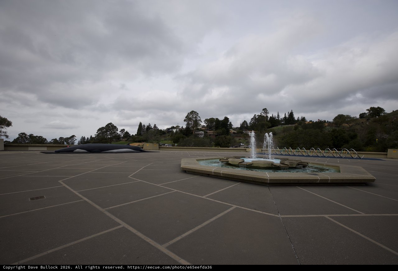 Fountain Plaza Under Dramatic Cloudy Skies