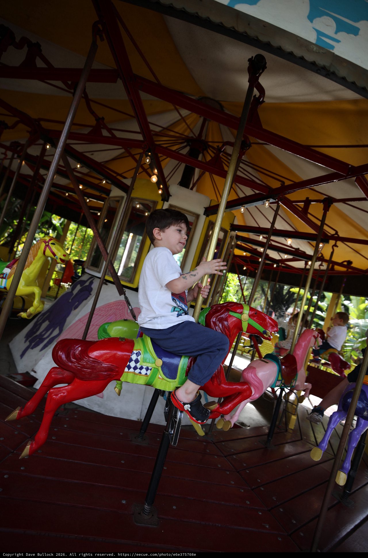 Child Riding Colorful Carousel Horse at Fantasyland