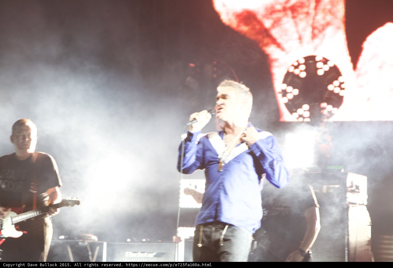 Morrissey Singing Shirt Unbuttoned Necklaces Guitarist White Smoke Circular Lights Red Screen