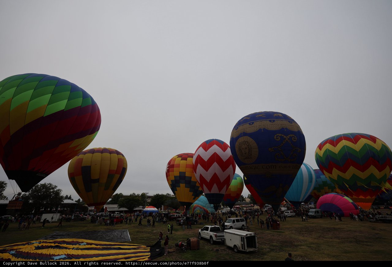 Colorful Hot Air Balloons Fill Overcast Morning Sky