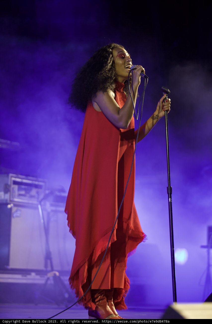 Solange Smiling Holding Mic Stand Red Dress Purple