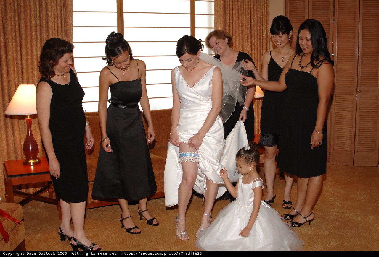 Bride Adjusts Garter Surrounded by Wedding Party
