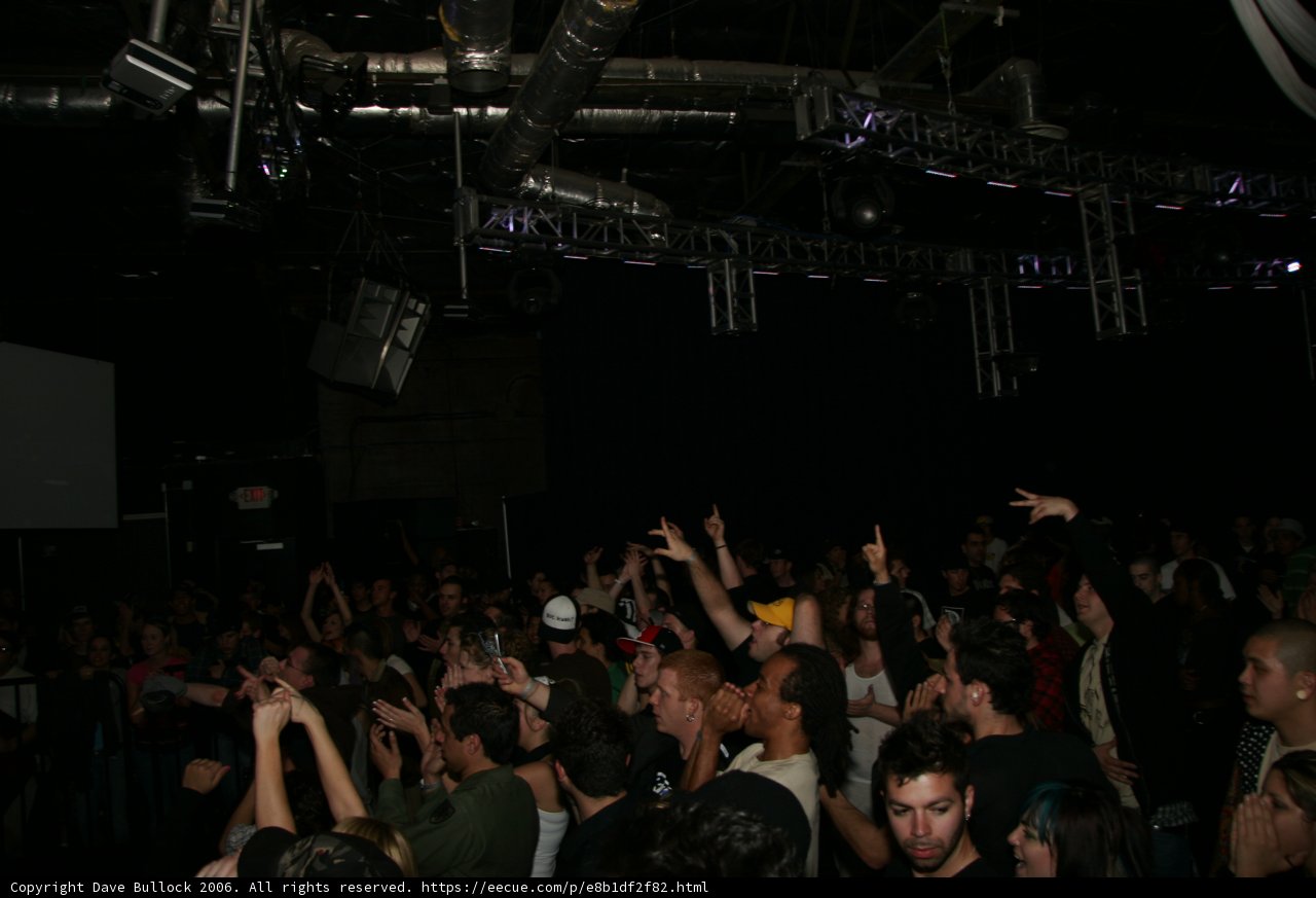 Urban Nightlife: A Concert Crowd with Hands Raised