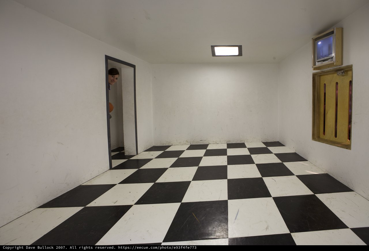 Curious Visitor Peeks Into Surreal Checkered Room