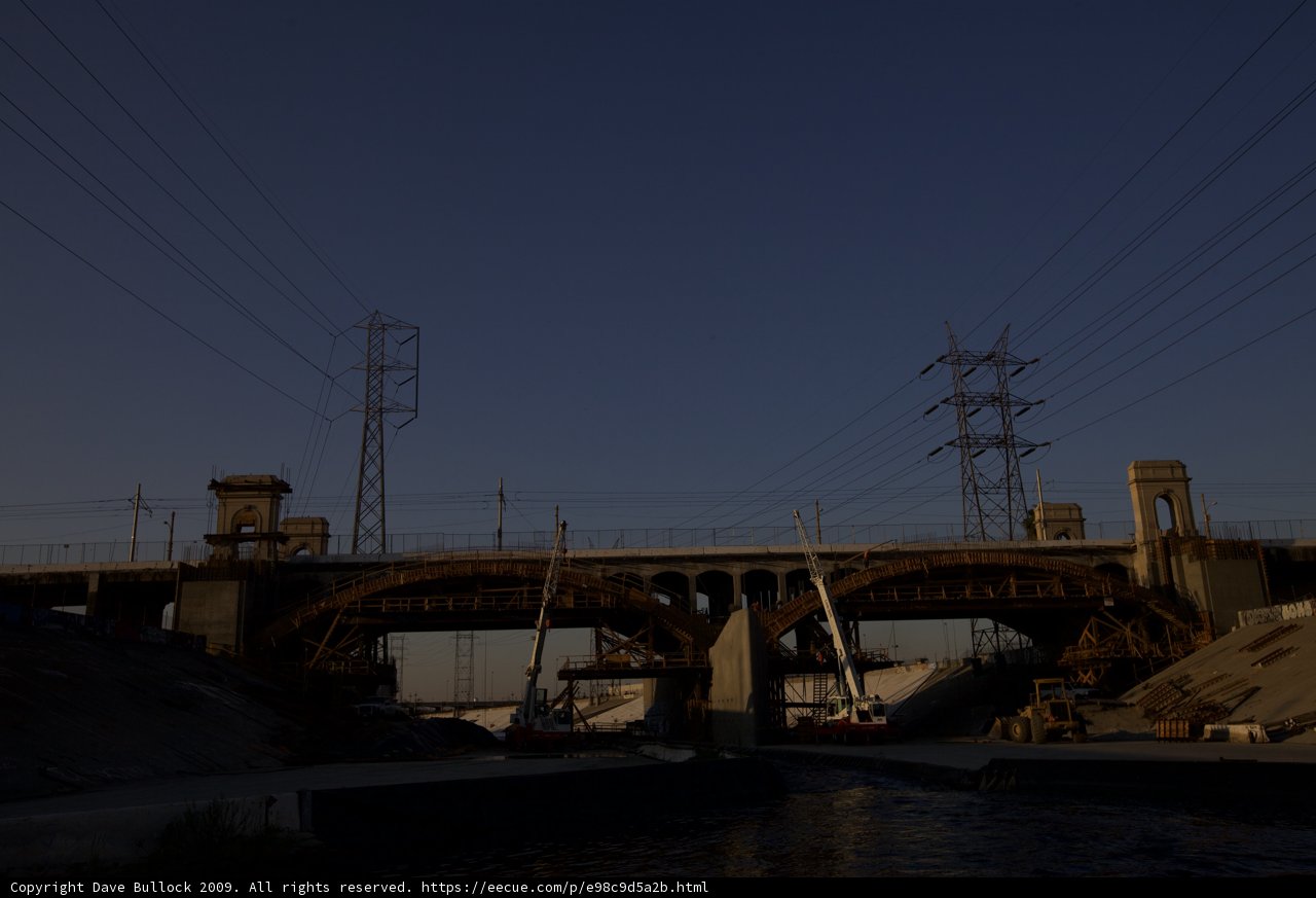 Overpass with Power Lines and Boat on LA River