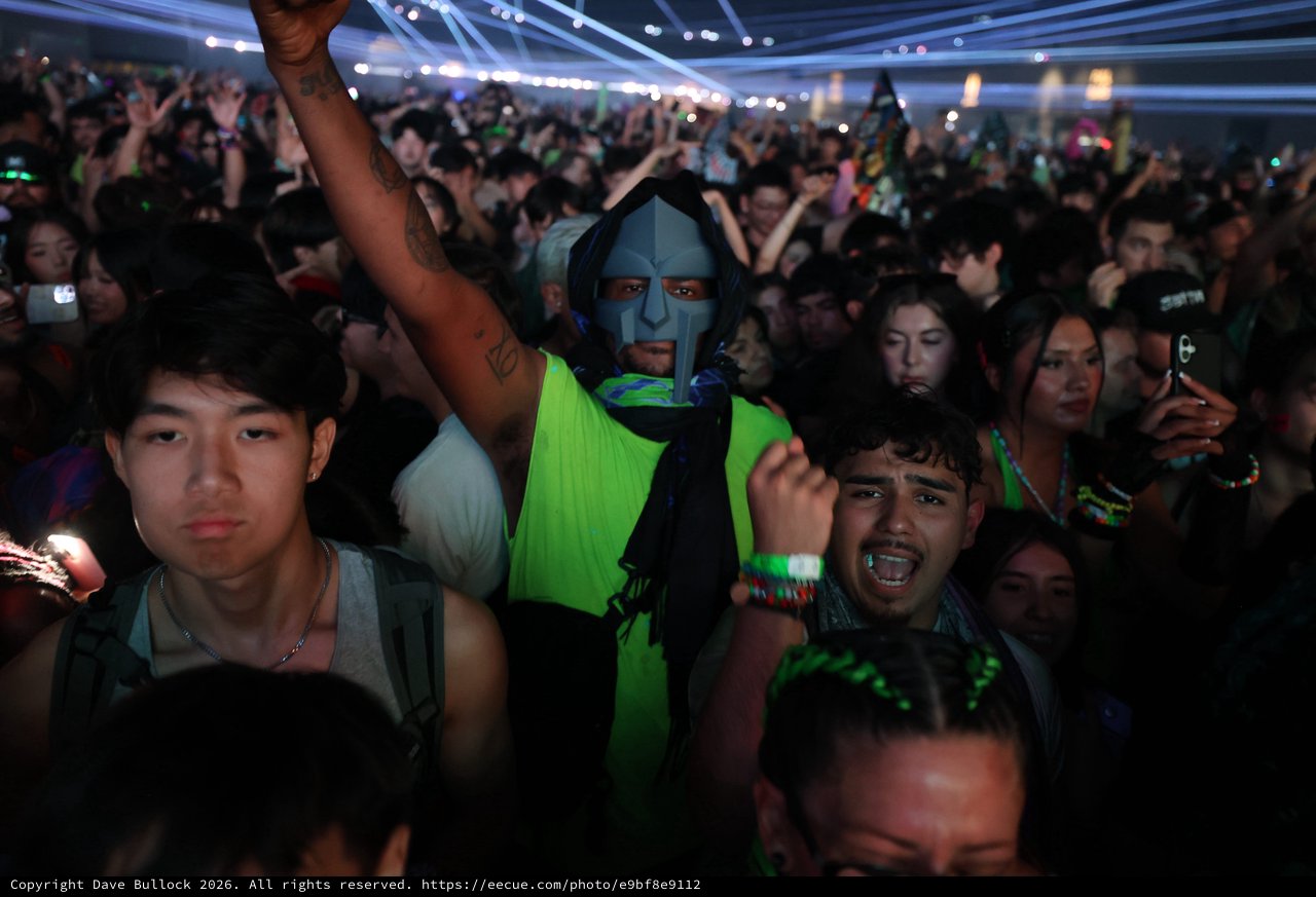 Masked Reveler Raises Fist at Wobbleland Festival
