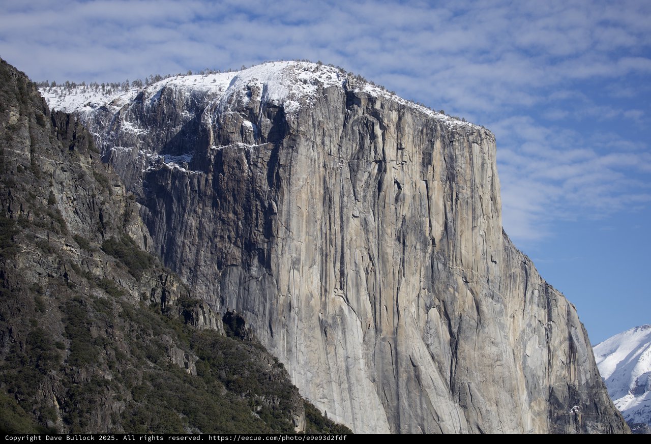 El Capitan's Monolithic Granite Face with Winter Snow Crown