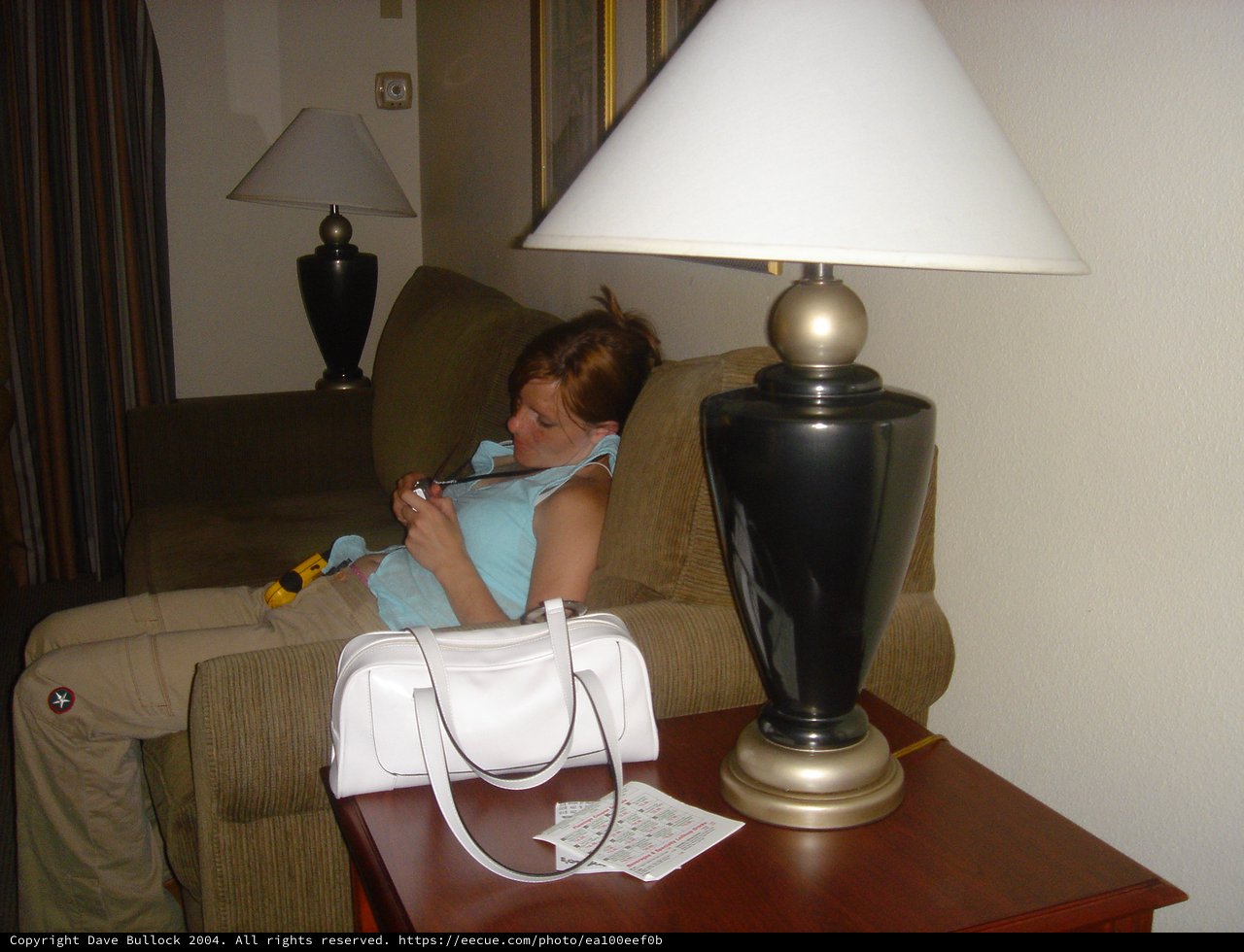 Woman Relaxing on Hotel Couch with Handheld Device