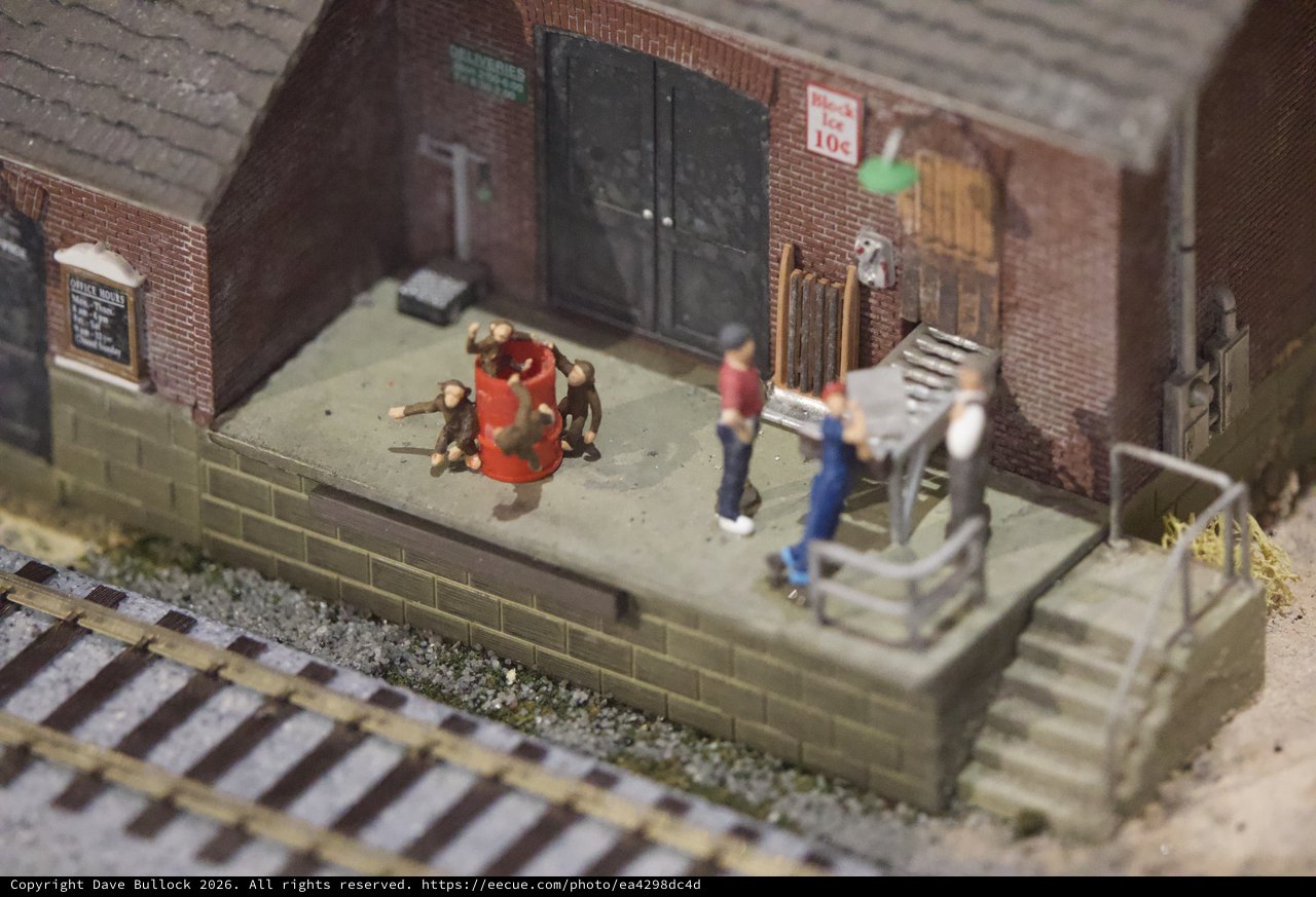 Miniature Railroad Diorama with Monkeys and Workers