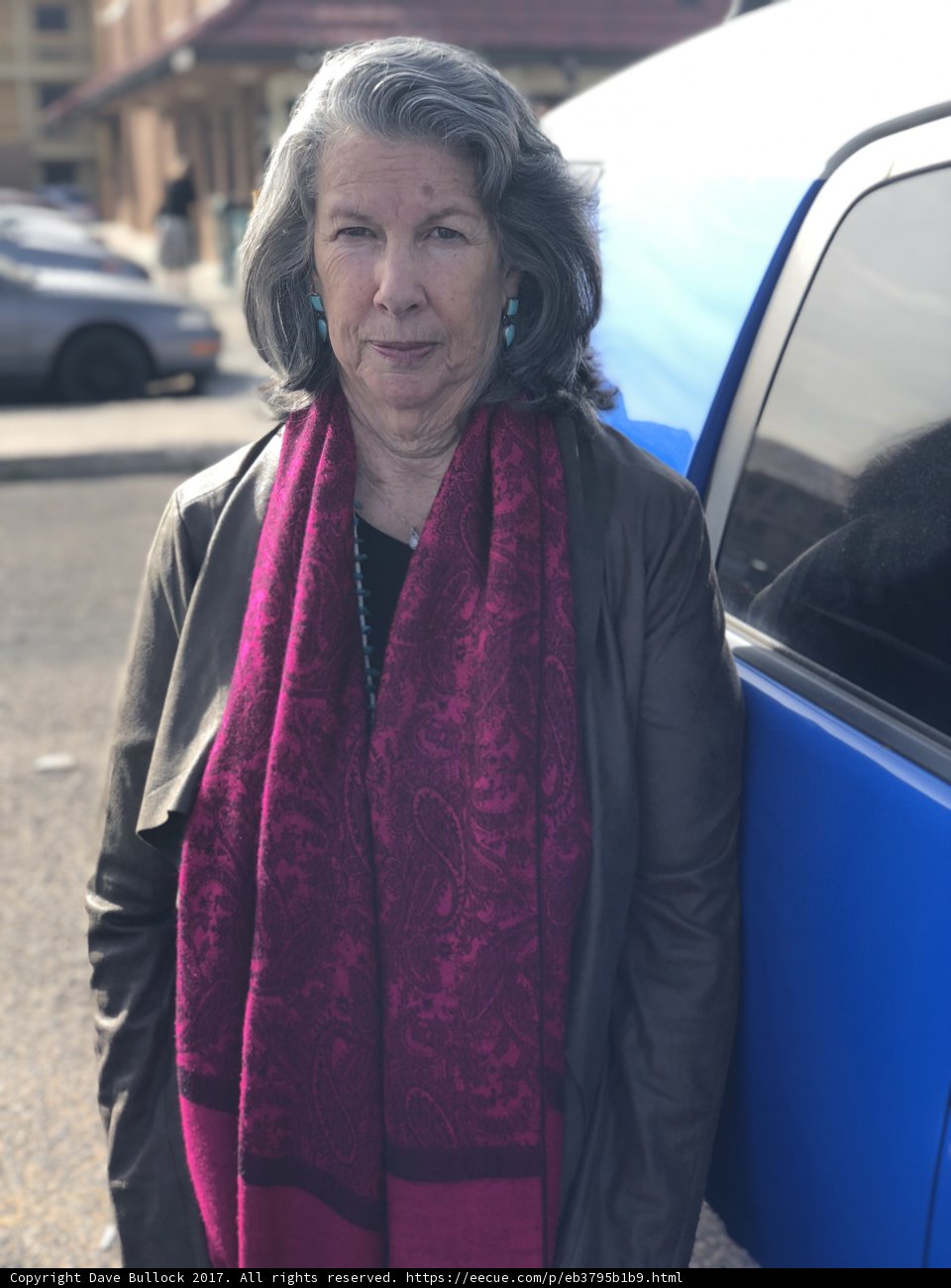 Woman in a Purple Scarf with a Blue Car