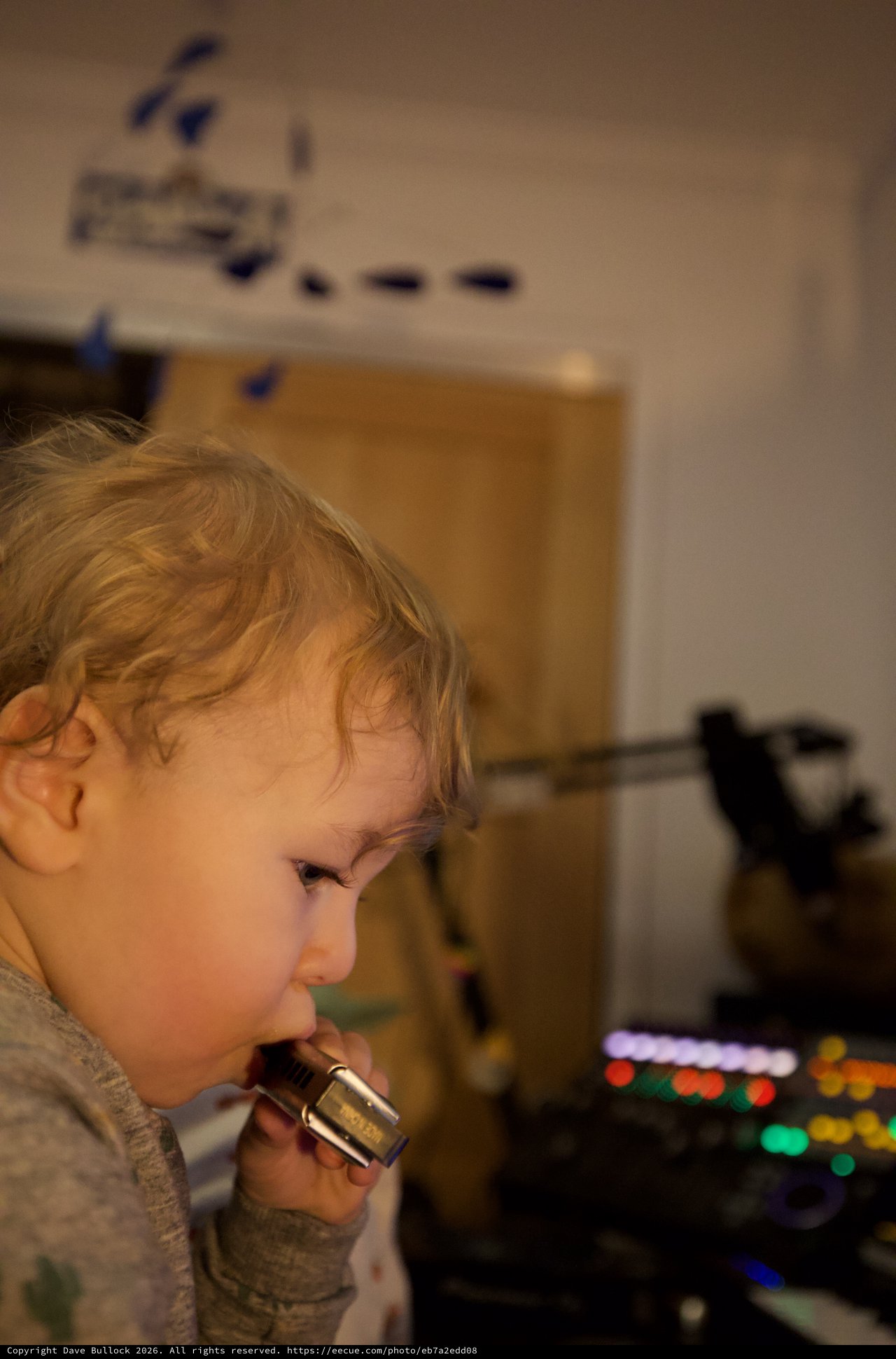 Young Child Playing Harmonica in Home Setting