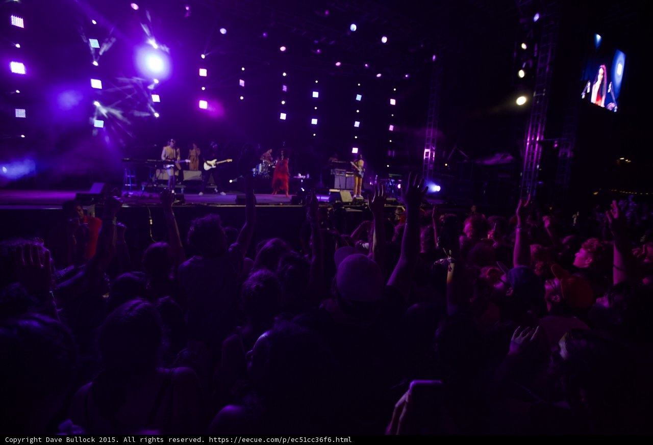 FYF Fest Wide Stage Shot Solange Band Crowd Arms Raised Video Screen Purple