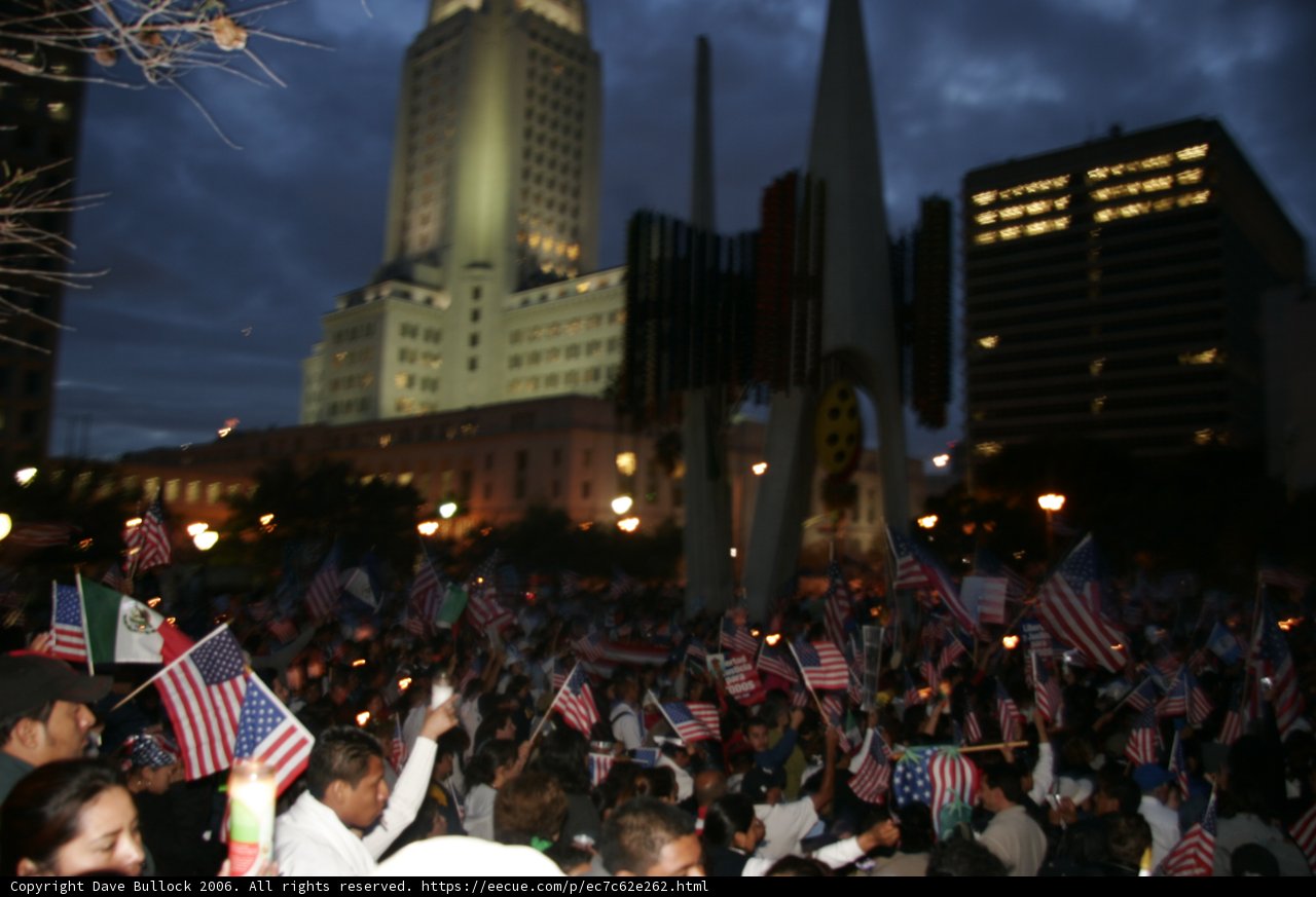 Patriotic Crowd outside Urban Building