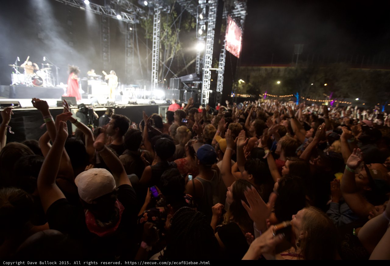 FYF Fest Wide Crowd Stage Solange Red Dress Guitarist Video Screen Arms Raised Night