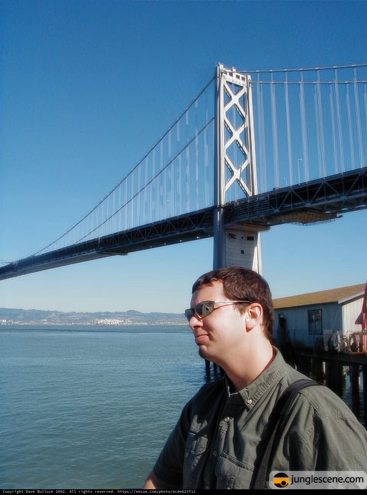 Standing in Awe Caption: Dave B takes in the stunning view of the suspension bridge and surrounding landscape while sporting his stylish sunglasses.