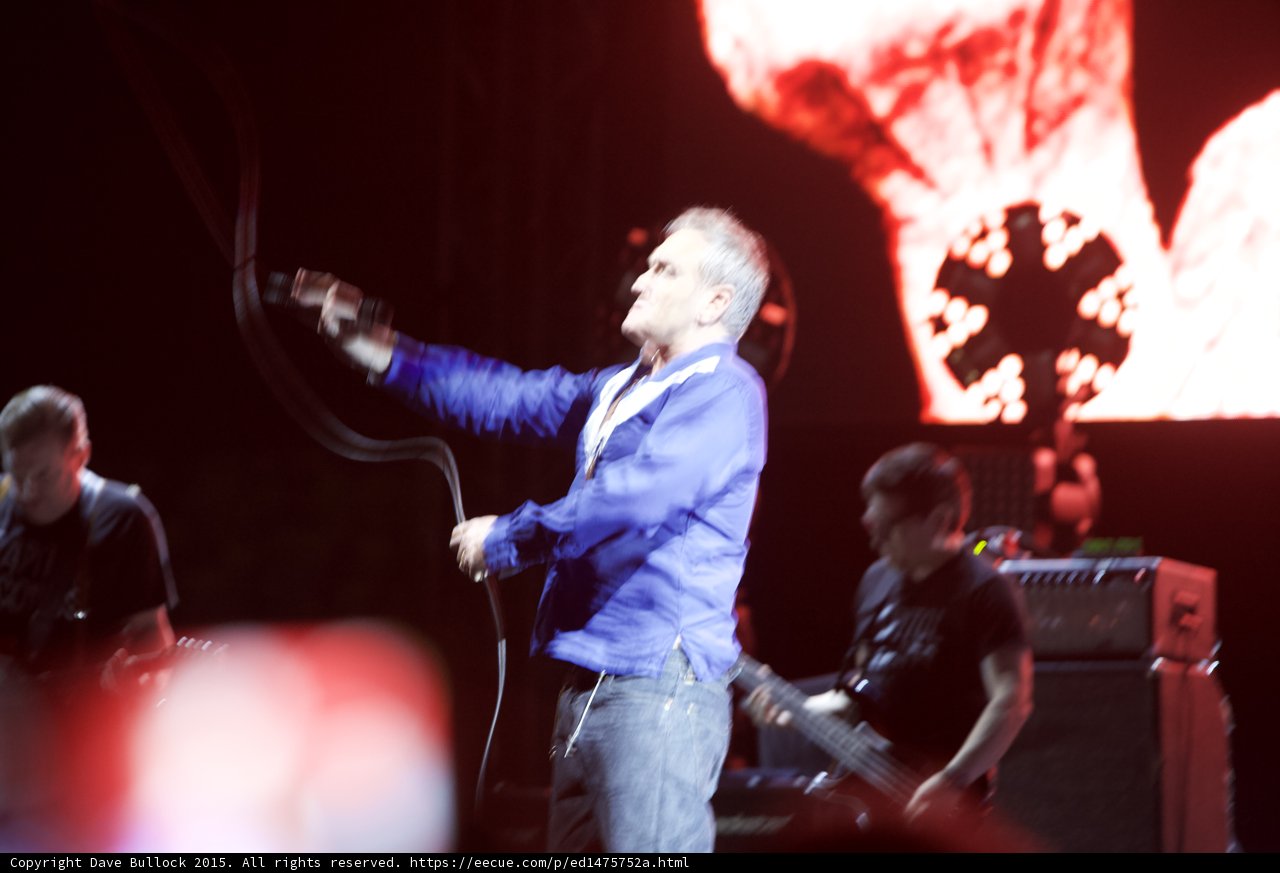 Morrissey Motion Blur Swinging Mic Cord Blue Shirt Guitarist Bassist Circular Light Red Screen