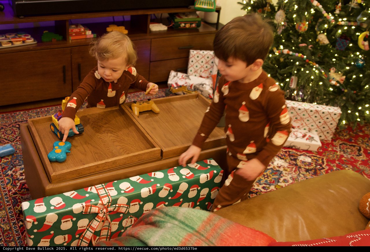 Brothers Opening Christmas Gifts on Christmas Morning
