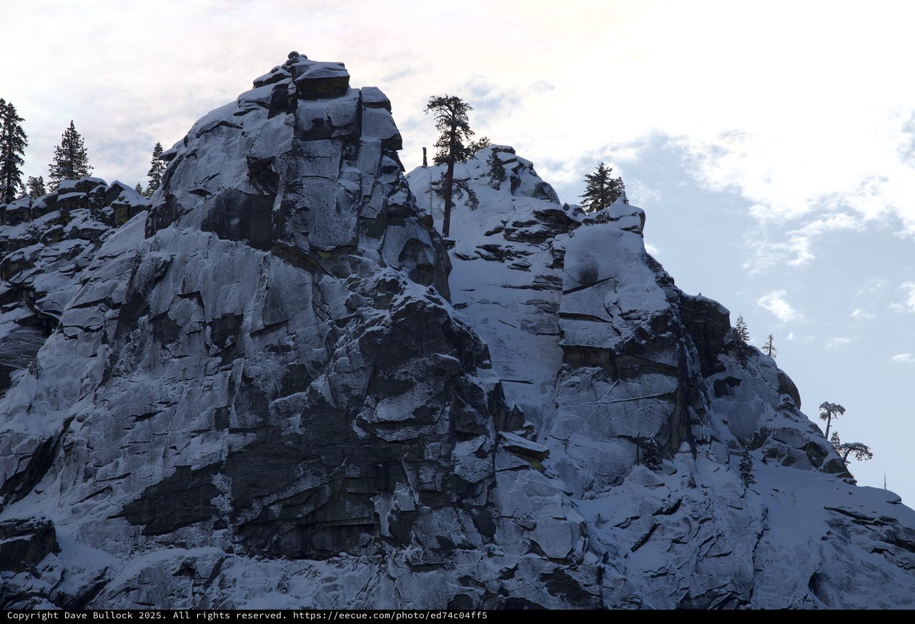 Snow-Covered Rocky Summit with Alpine Pines at Dusk