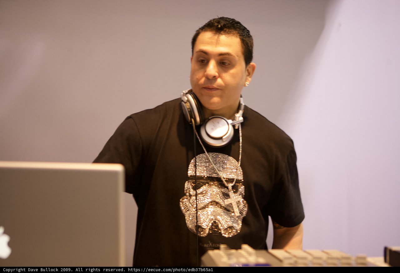 DJ Skribble rocking his Star Wars shirt and headphones