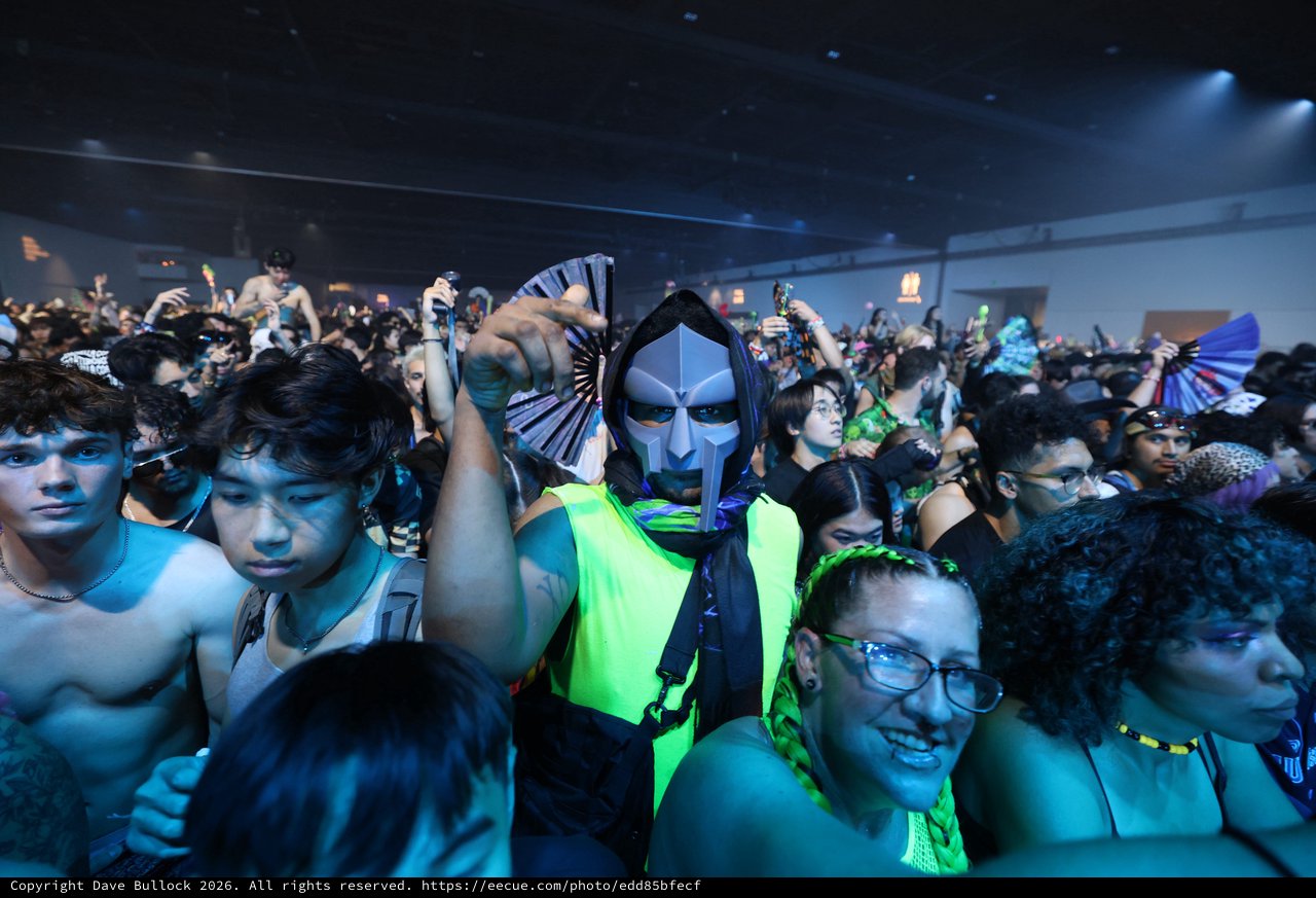 Masked Reveler Points at Camera in Festival Crowd
