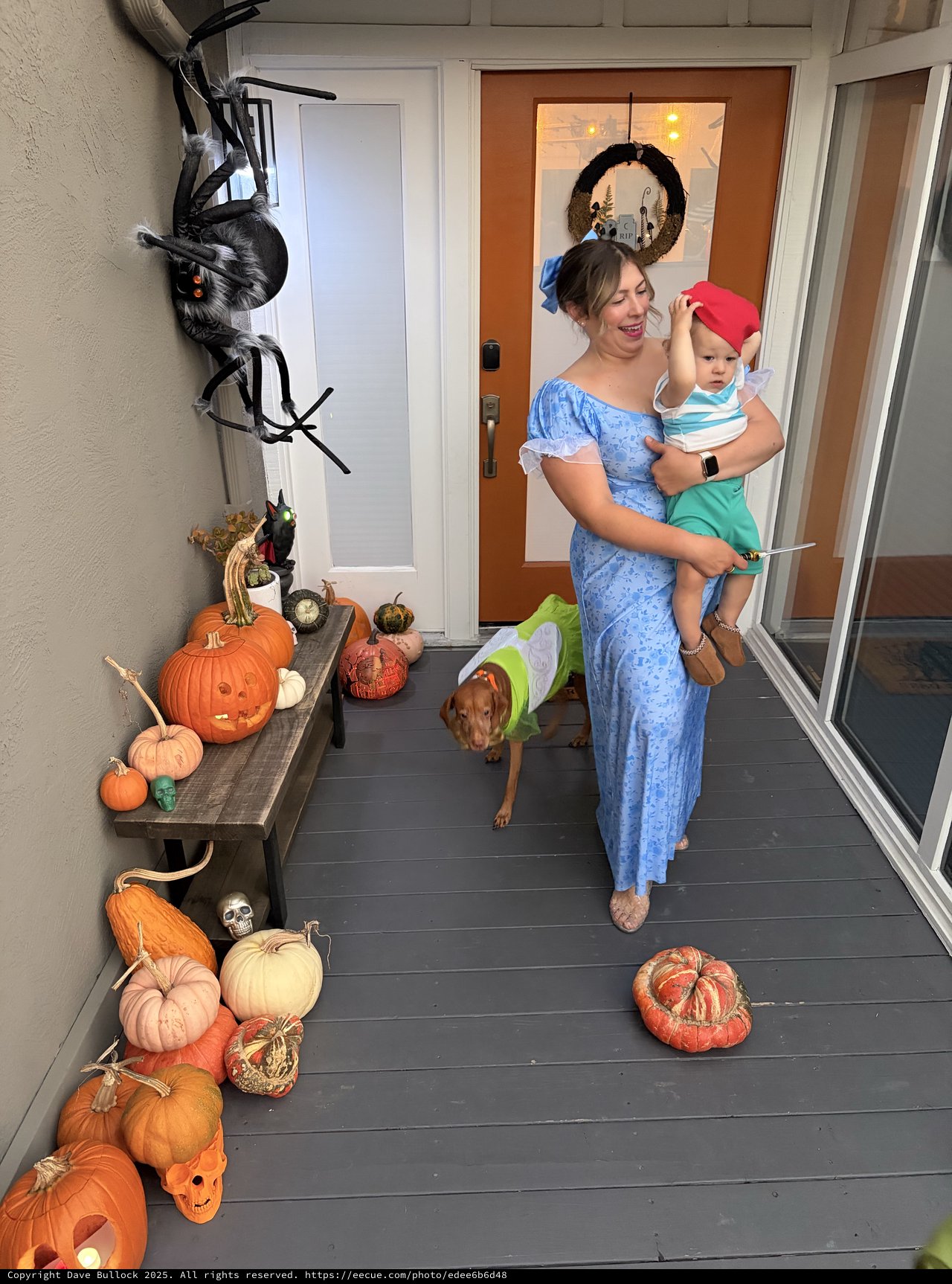 Halloween Porch Welcome with Mom, Baby, and Dog