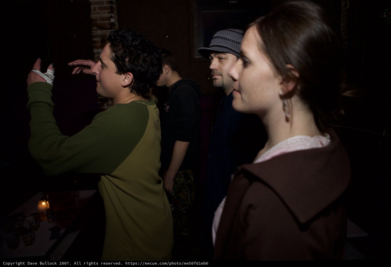 Animated Conversation at Dimly Lit Indoor Gathering