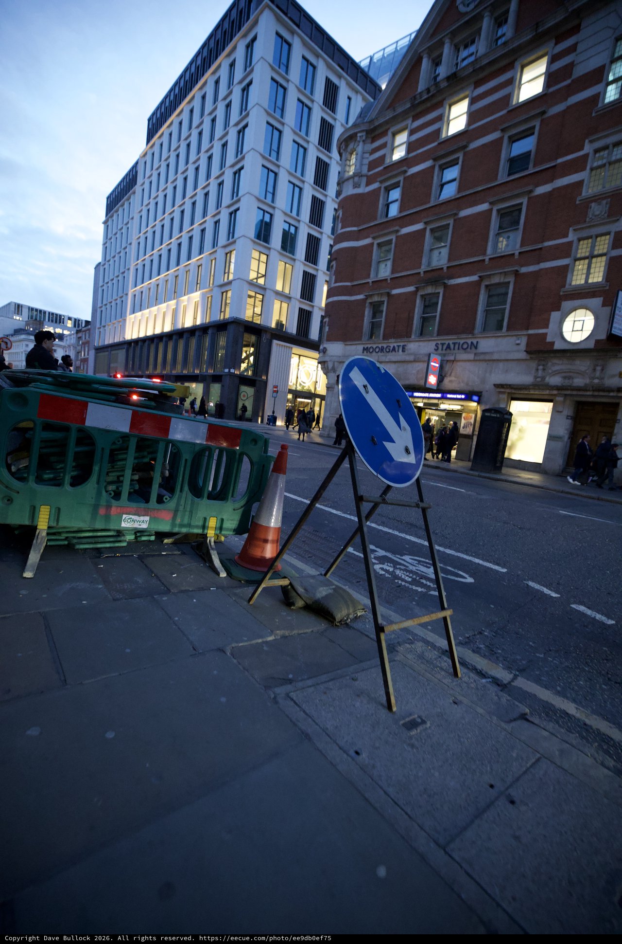Urban Construction Zone at Moorgate Station at Dusk