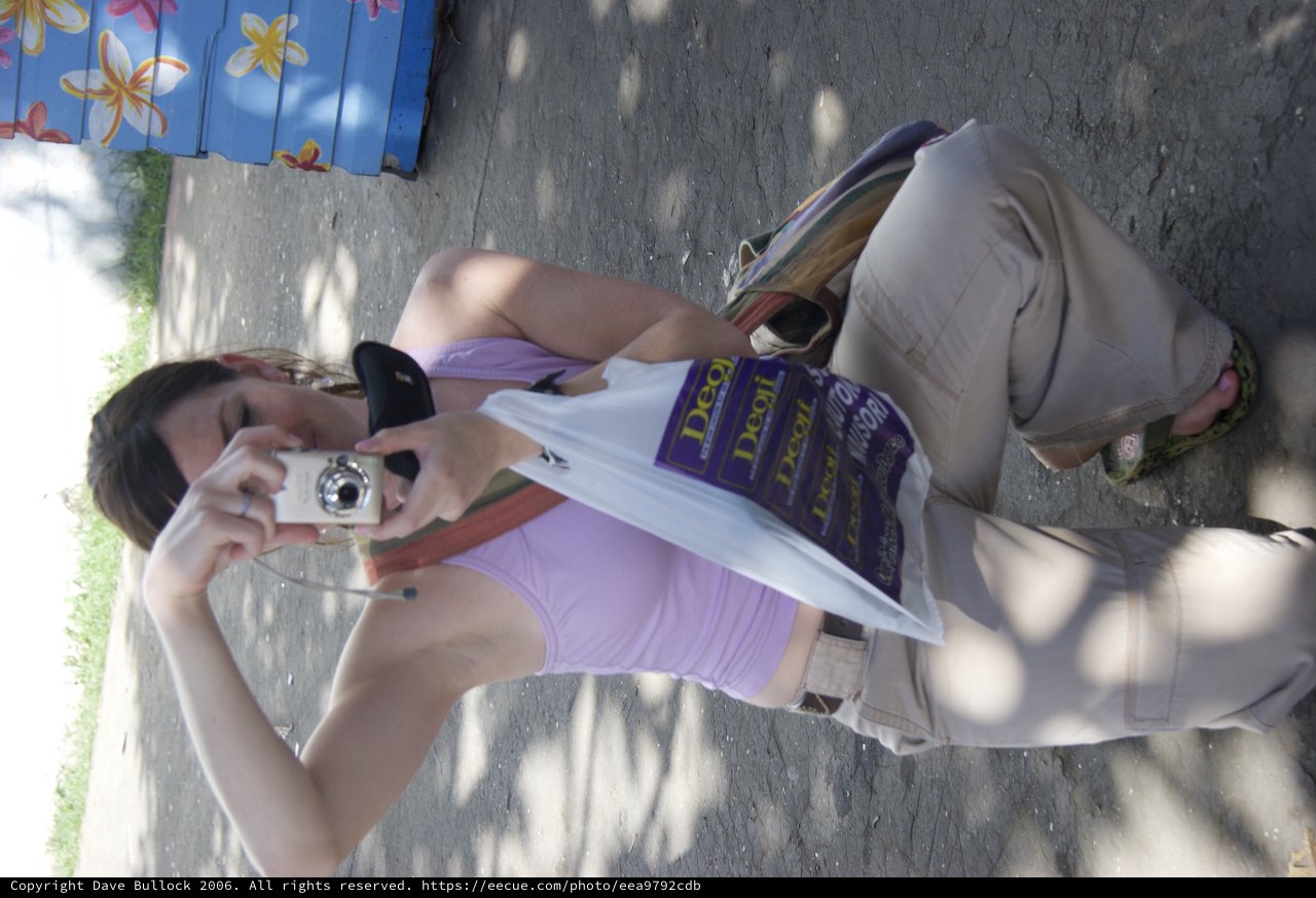 Tourist Photographer Crouching with Shopping Bag Fiji