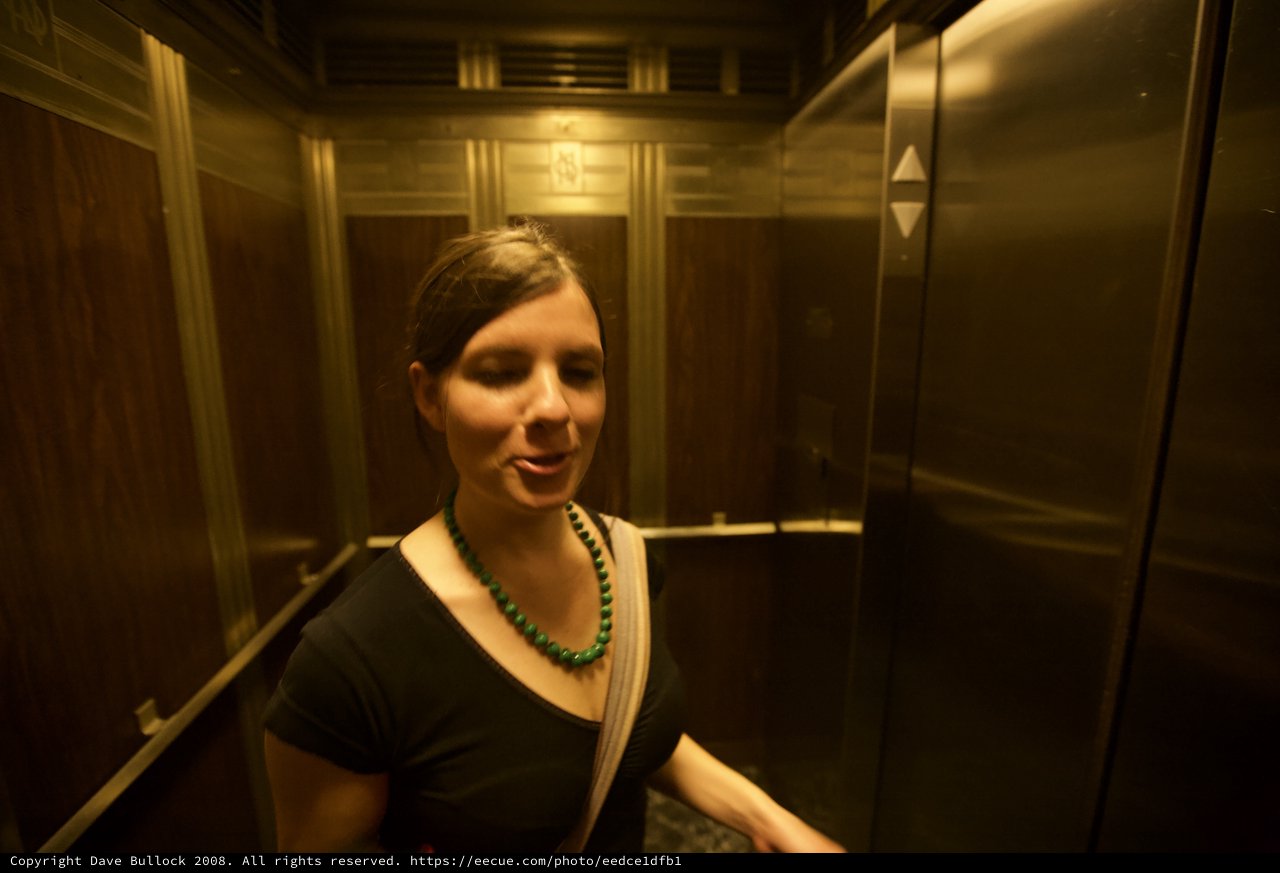 Woman in Vintage Elevator During Art Walk