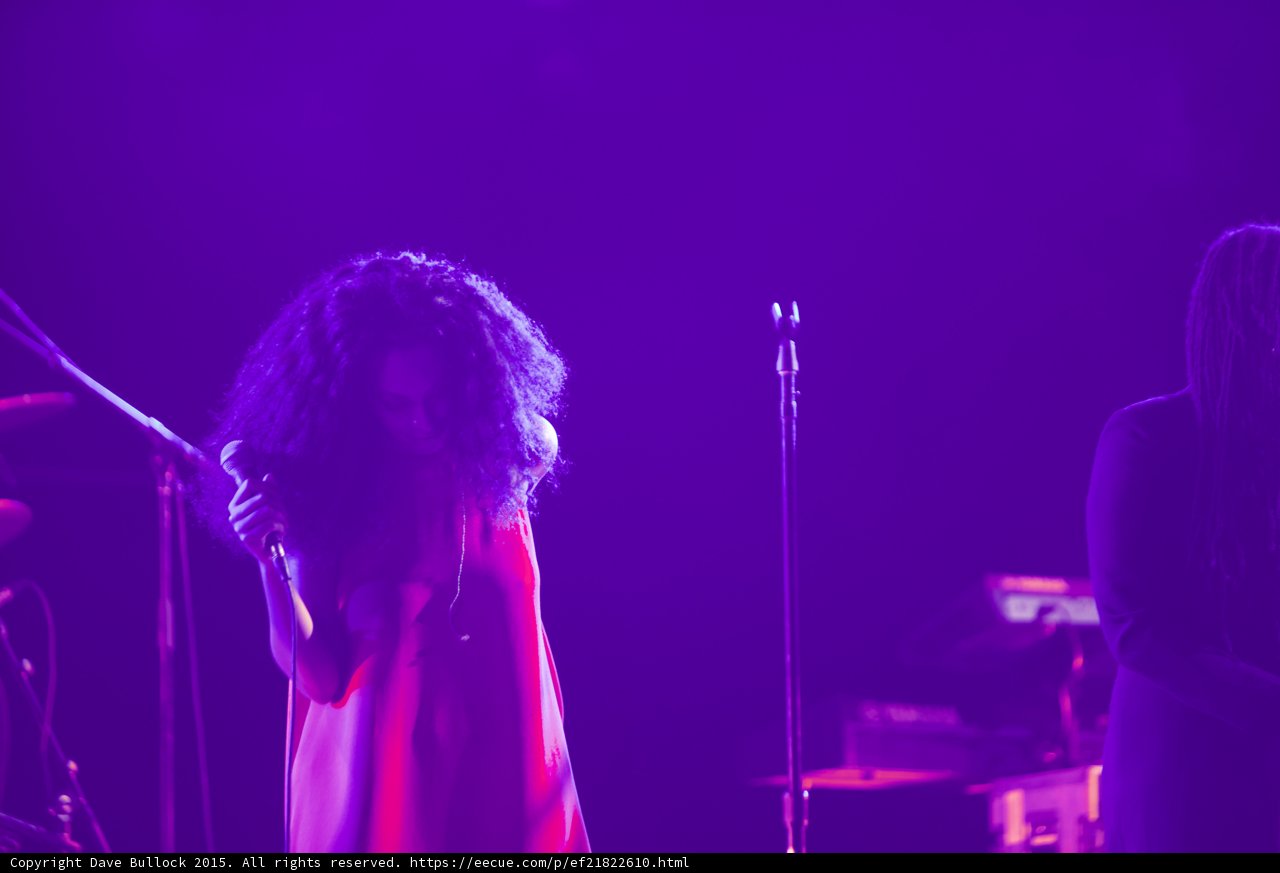 Solange Side View Hair Covering Face Singing Red Dress Keyboardist Purple