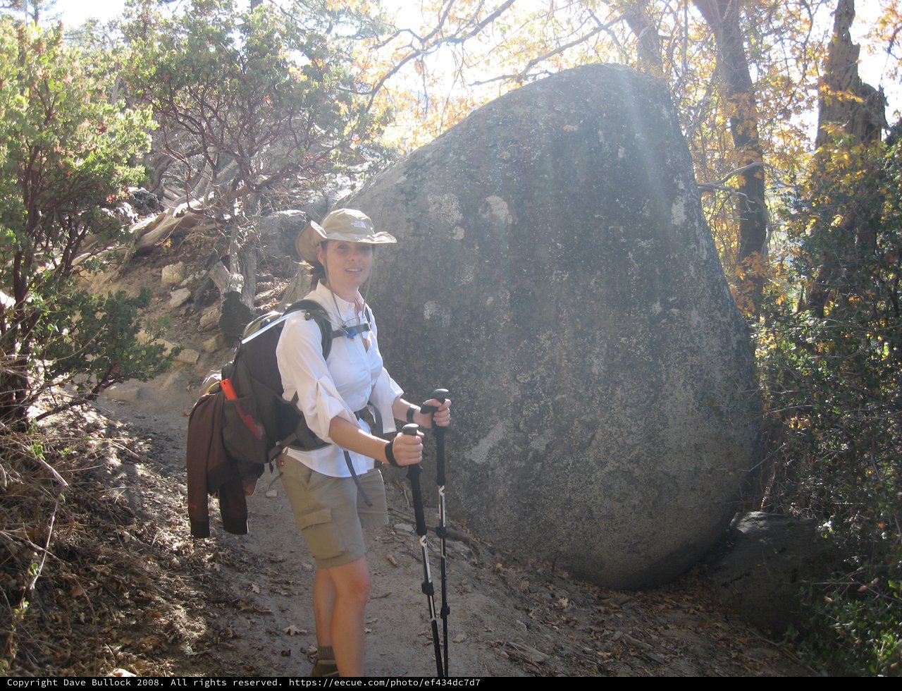 Hiker Pauses Beside Massive Boulder on Trail