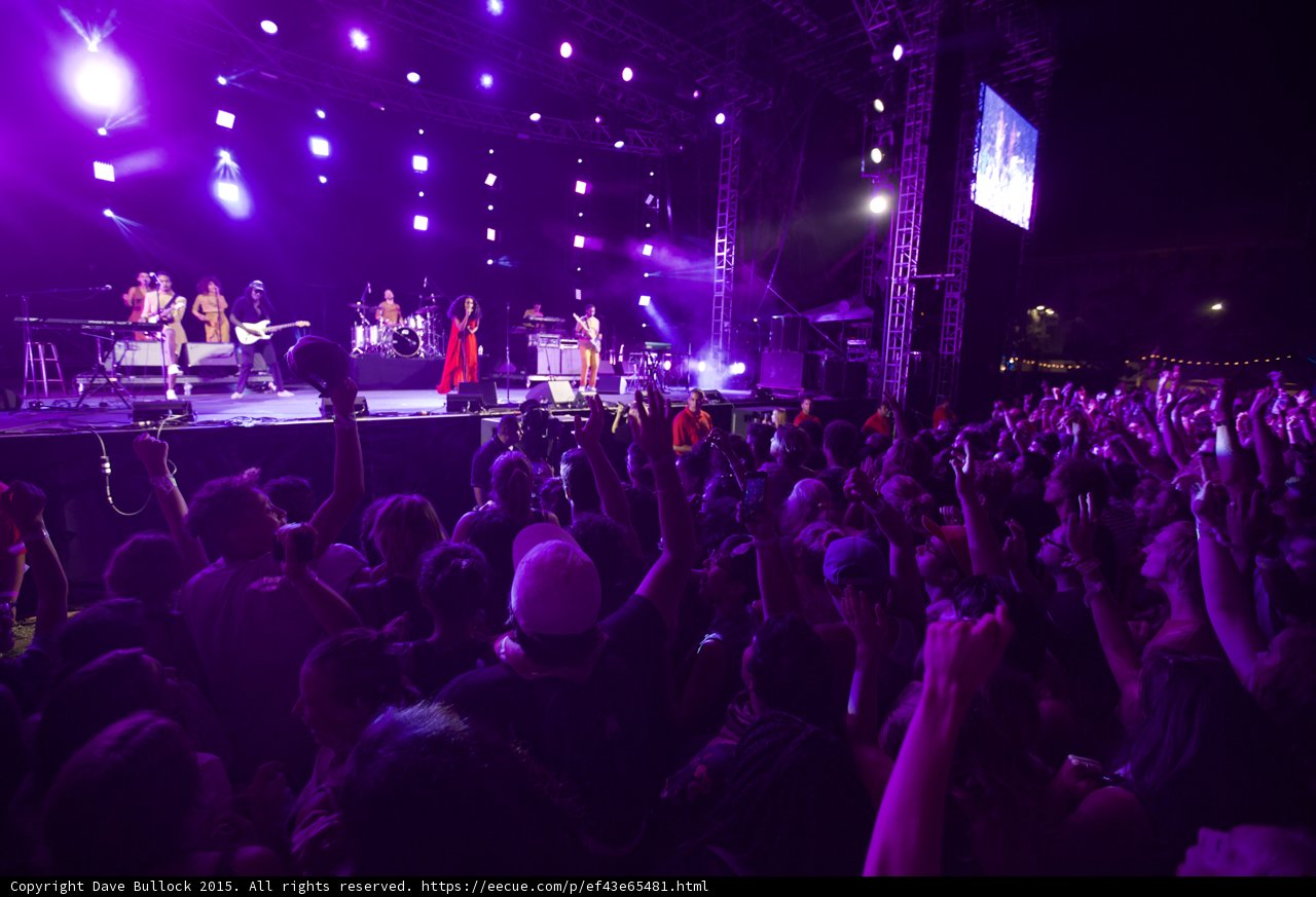 FYF Fest Wide Stage Solange Full Band Crowd Spotlight Beams Video Screen Purple