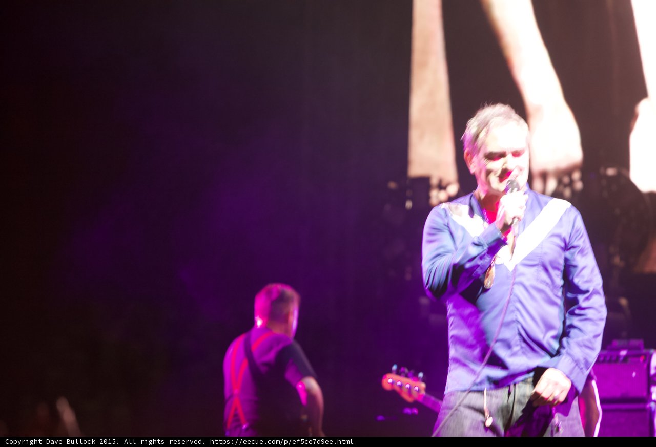 Morrissey Smiling Laughing Singing Blue Shirt Bassist Red Strap Guitar Headstock Smiths Dangling Hands Screen