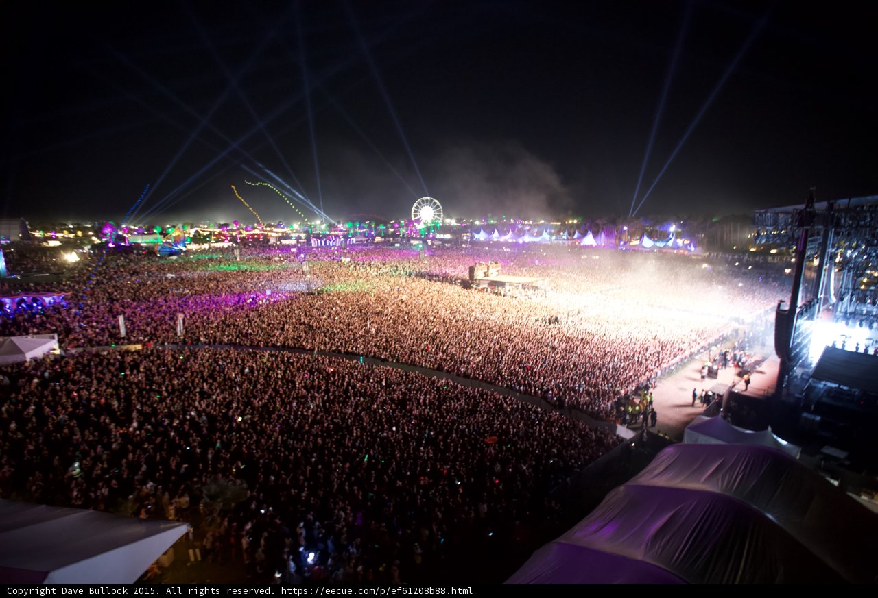 Lights and Lively Crowd at Coachella Music Festival