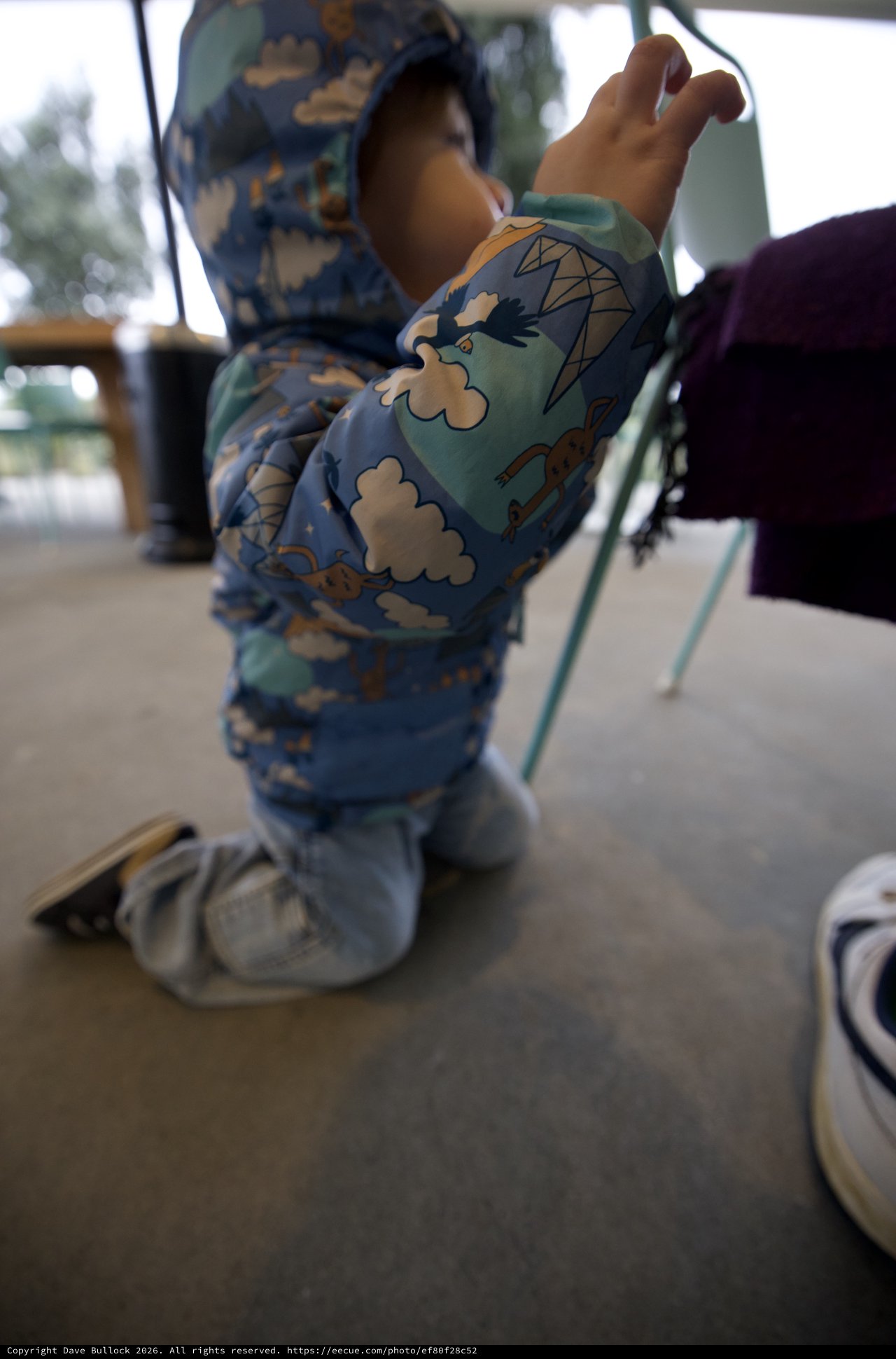 Toddler in Dinosaur Pajamas at Restaurant