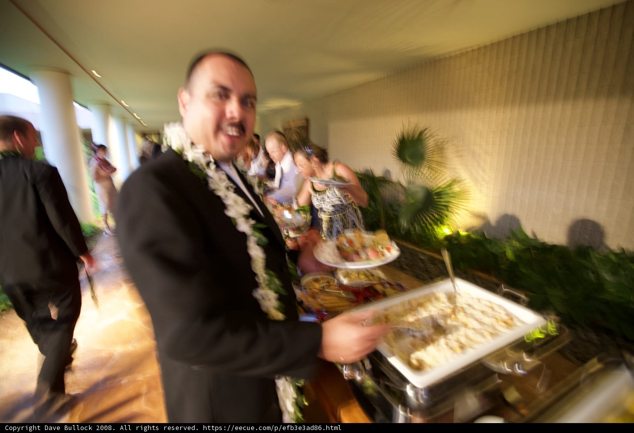 Tuxedoed server at a wedding buffet