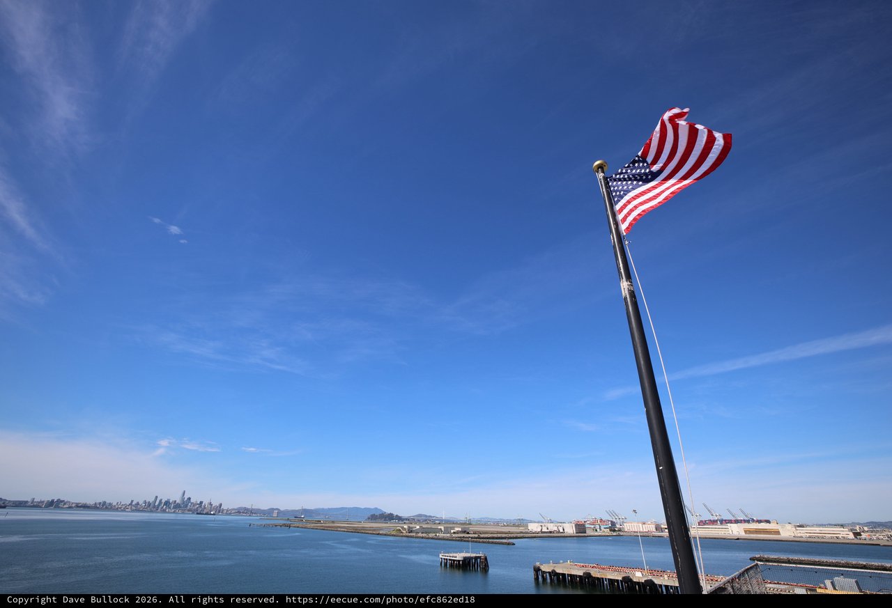 American Flag Flying Over San Francisco Bay