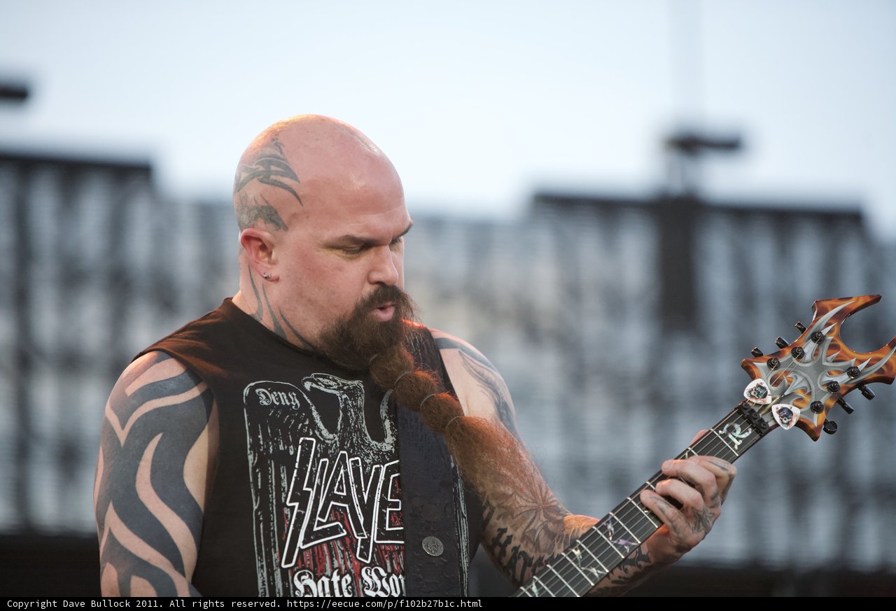 Kerry King Rocking the Stage with His Inked Beard and Electric Guitar