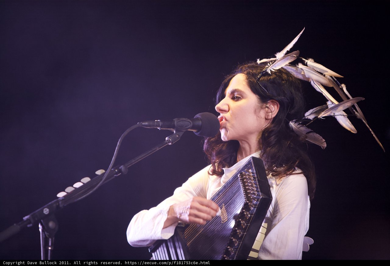 PJ Harvey in Bird Headdress Playing Accordion