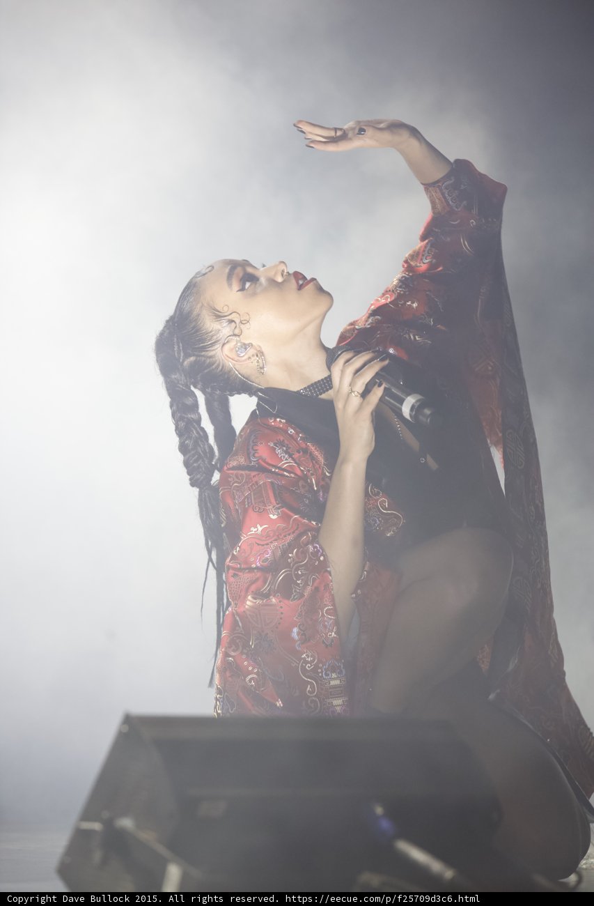 FKA twigs Stunning Portrait Looking Up Baby Hairs Red Lipstick Chain Jewelry Braided Ponytails Black Choker Red Brocade Kimono Arm Raised Rings