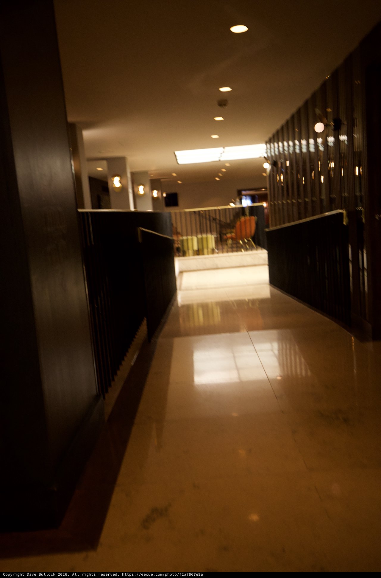 Modern Hotel or Office Corridor with Dark Wood Paneling