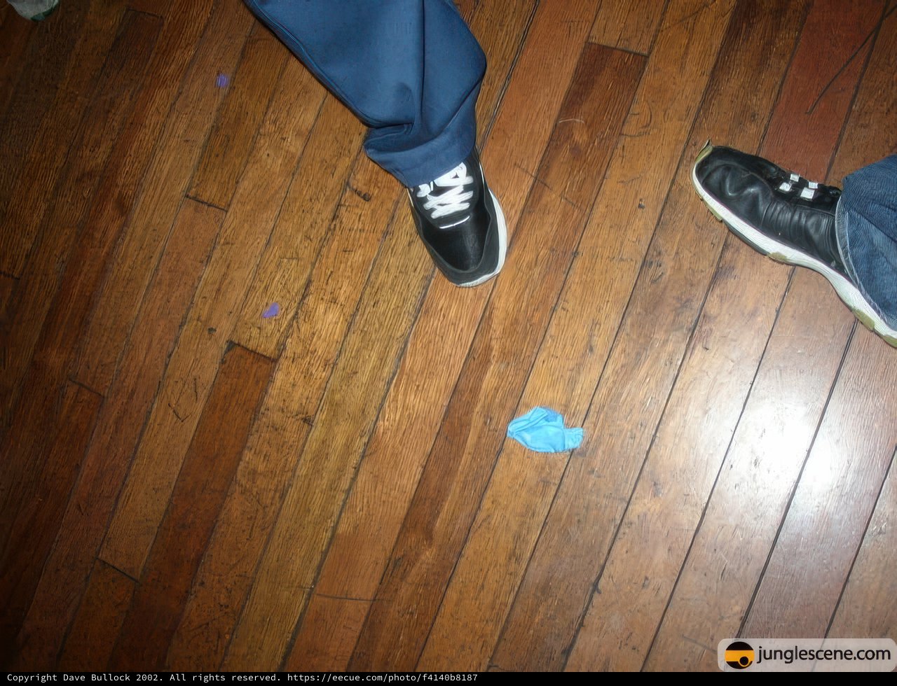 Blue Sneakers on Stained Wood Floor